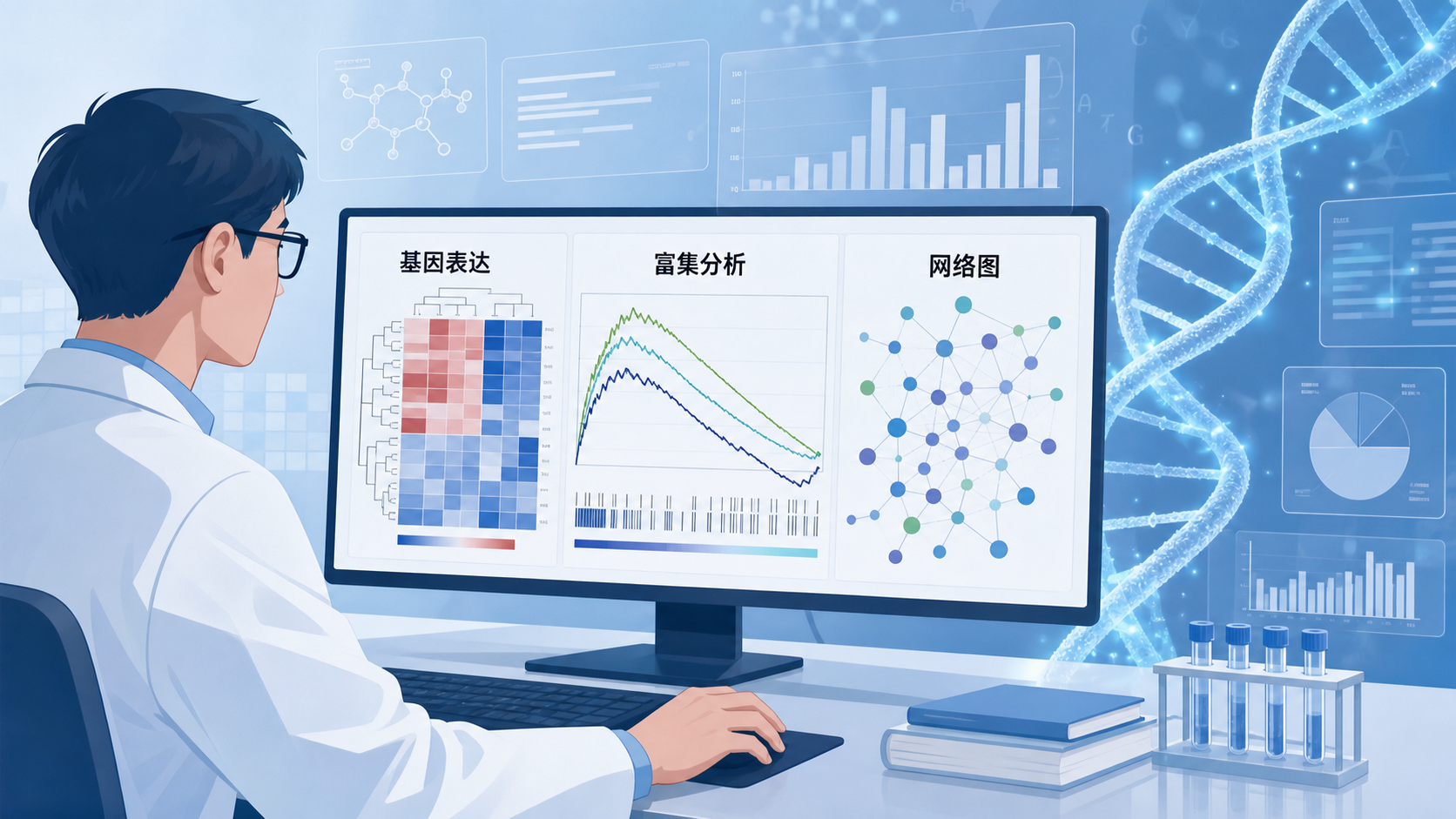 科研人员在电脑前分析基因表达矩阵、富集曲线和网络图，背景为DNA双螺旋与数据可视化界面