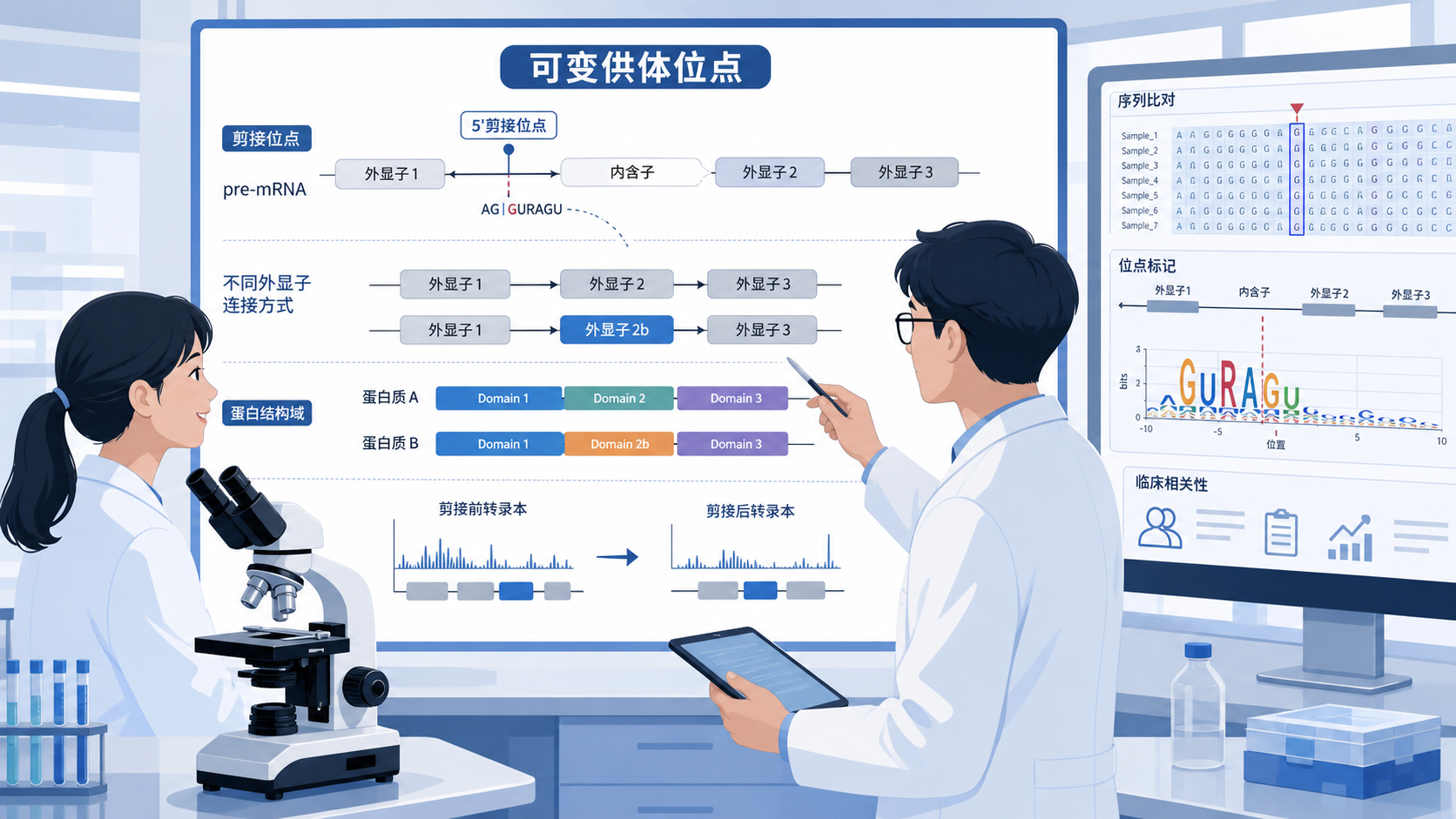 科研人员在显微镜和生物信息分析屏幕前共同讨论可变供体位点机制图,画面包含剪接位点、蛋白结构域和临床转化箭头