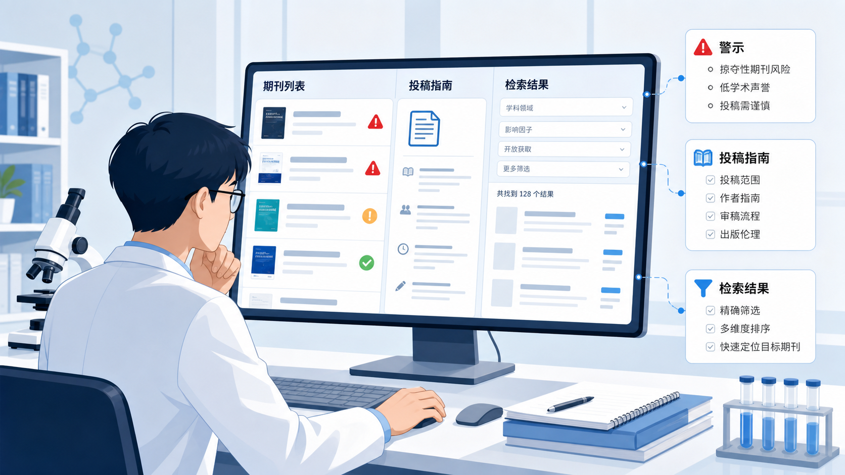 医学生或科研人员在电脑前检索期刊数据库，屏幕展示期刊列表、警示标记和投稿指南，背景简洁专业。