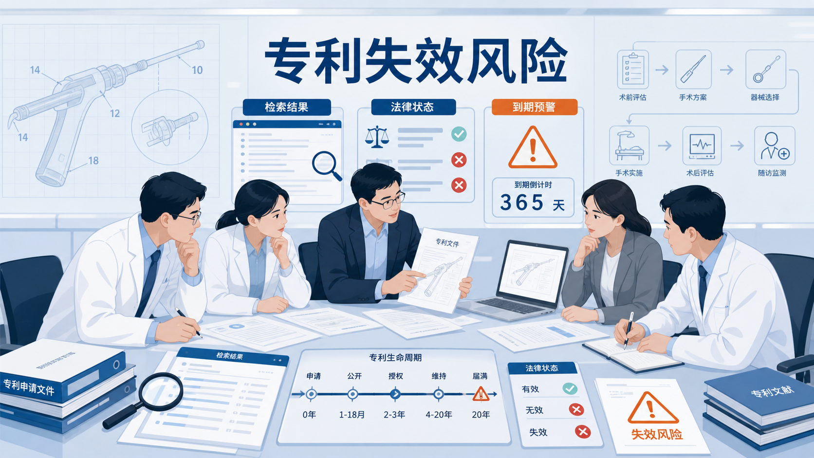 医学科研人员在讨论专利文件、数据库检索界面与手术器械示意图的场景,突出“专利失效风险”主题