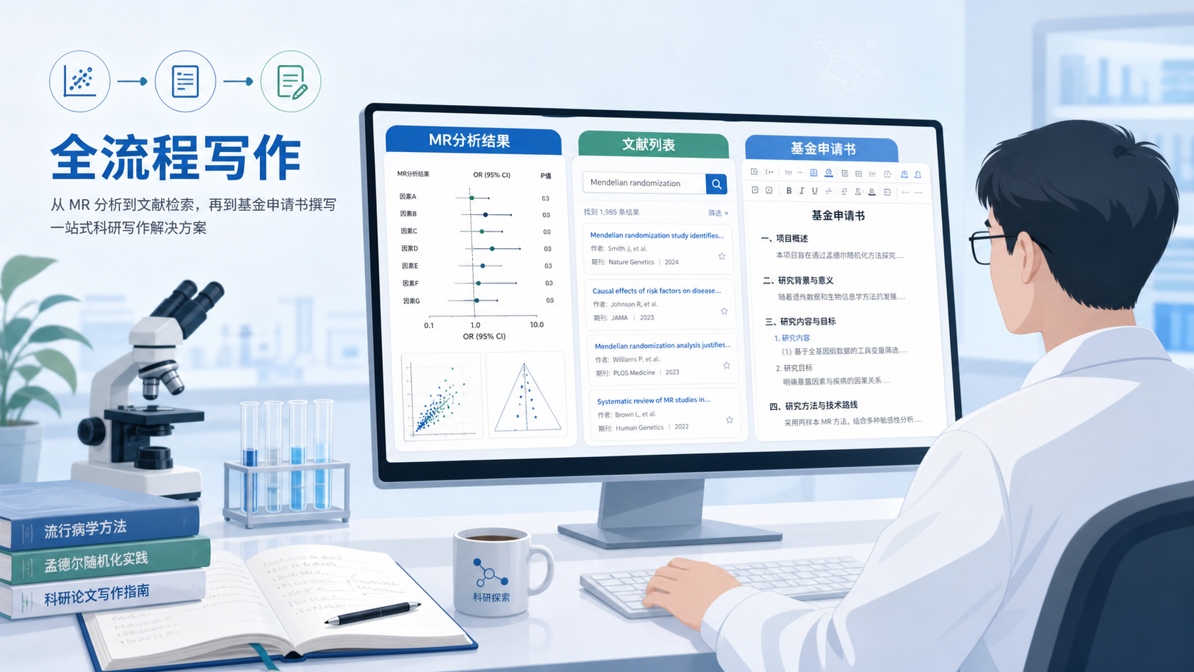 一位科研人员在电脑前同时查看MR分析结果、文献列表和基金申请书，画面突出“全流程写作”概念