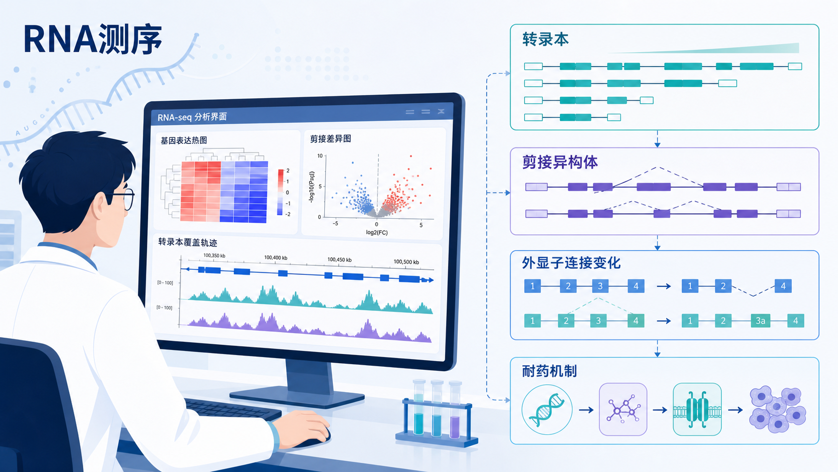 科研人员在电脑前查看RNA测序结果图，旁边展示不同长度转录本示意图、剪接异构体和耐药机制关联图