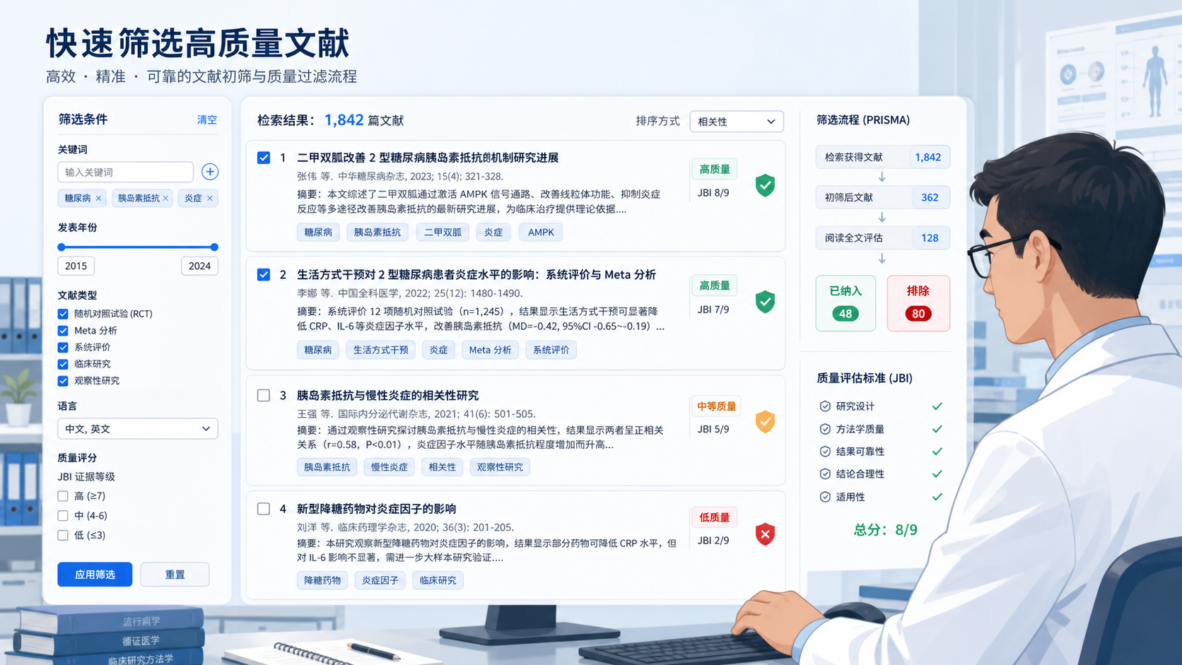医学研究者在电脑前浏览检索结果列表,旁边叠加标题、摘要和筛选标签,体现文献初筛与质量过滤场景