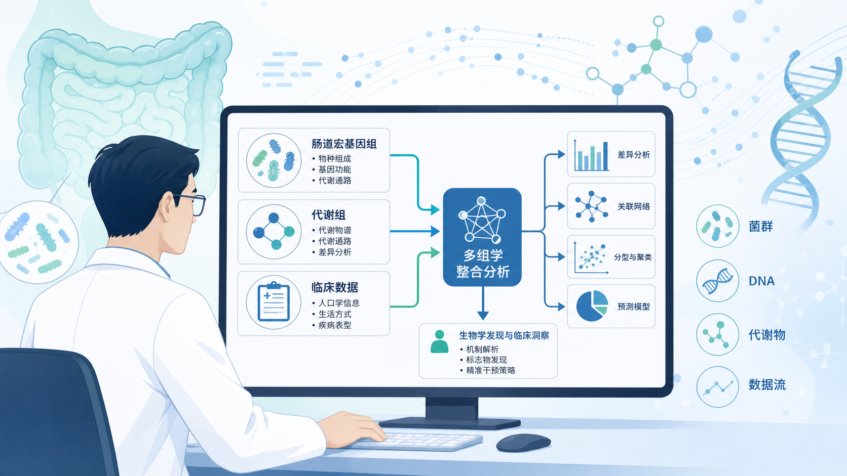 医生在电脑前查看肠道宏基因组、代谢组和临床数据整合的多组学分析流程图,背景为肠道与微生物示意图