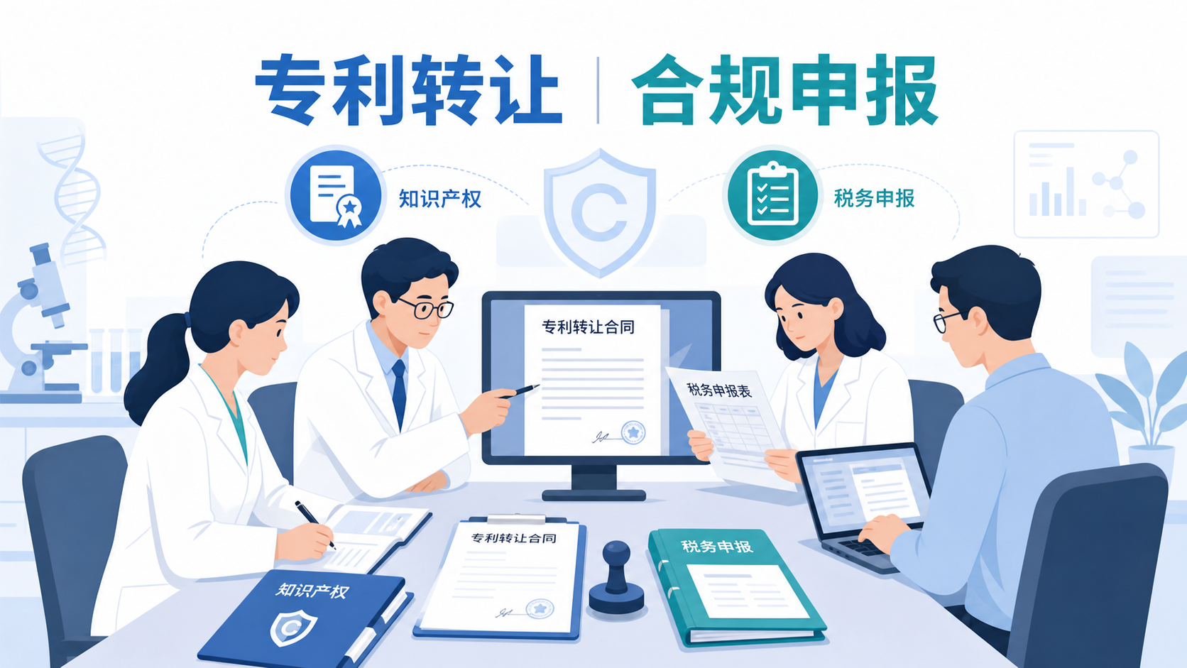 医生、科研人员与专利合同、税务表单、知识产权图标组成的专业场景图,突出专利转让与合规申报主题