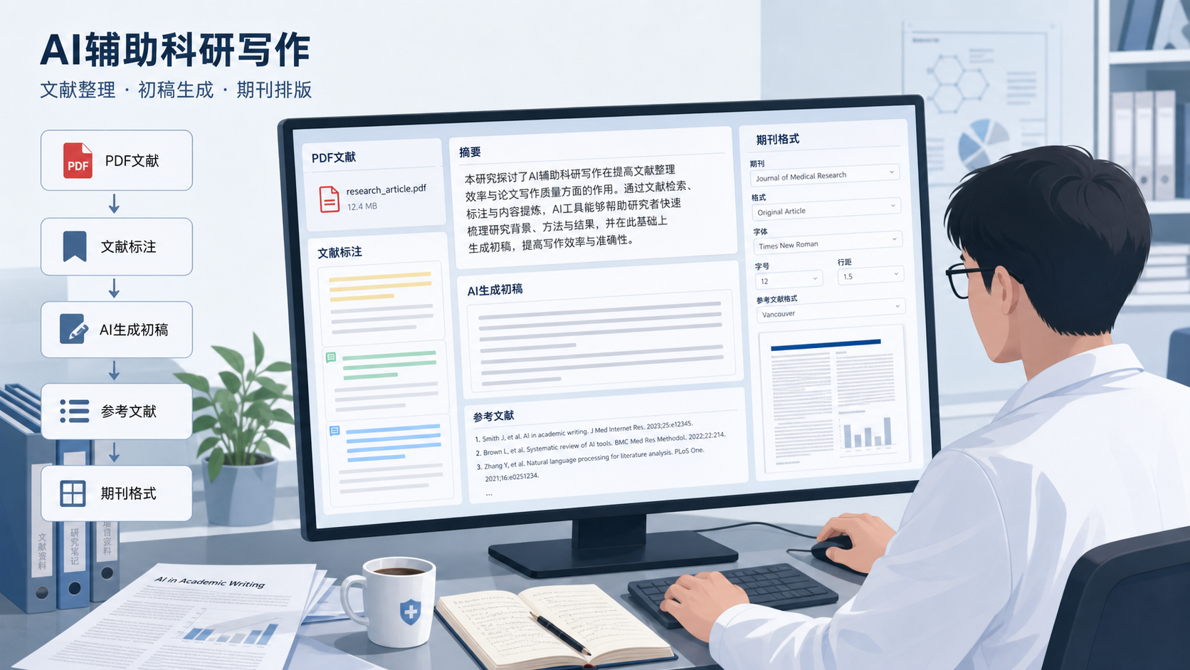 科研人员在电脑前用AI工具处理PDF文献、生成初稿和调整期刊格式的工作场景，画面包含论文、参考文献列表和格式模板对照界面