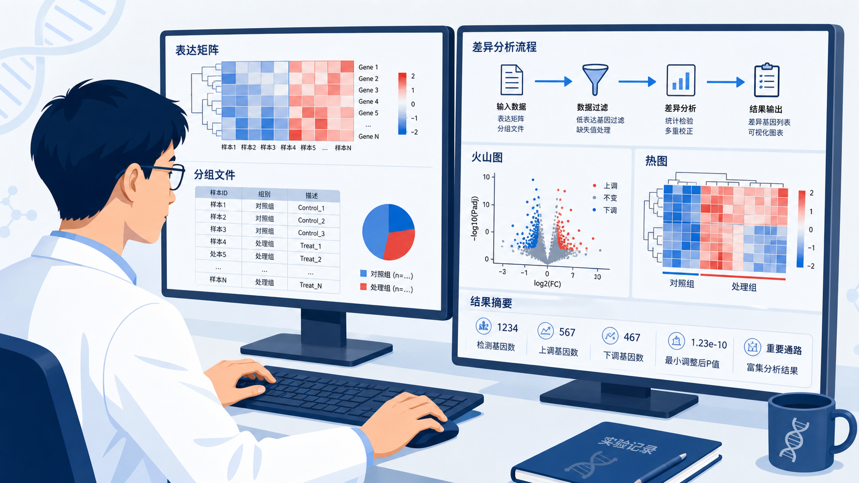 医学生或科研人员在电脑前处理表达矩阵和分组文件,屏幕显示差异分析流程、火山图和热图结果,体现高效生信分析场景。