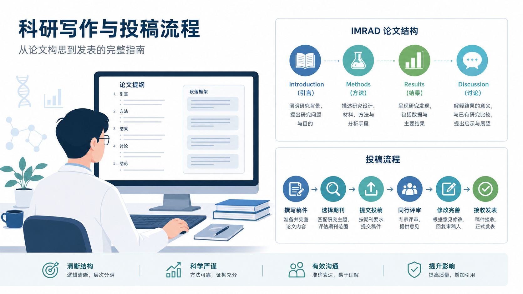 一位研究者在电脑前整理论文结构，旁边展示IMRAD四部分框架图和投稿流程示意图