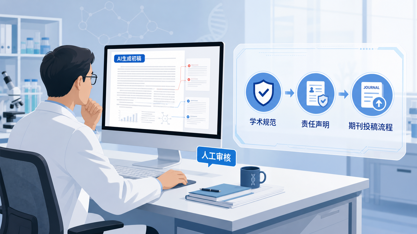 一位科研人员在电脑前审阅AI生成的论文初稿，旁边有学术规范、责任声明和期刊投稿流程示意图，整体风格专业严肃。