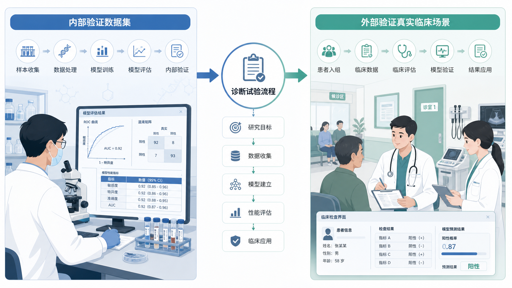 医学生在实验室和门诊场景之间对比诊断试验流程图,左侧为内部验证数据集,右侧为外部验证真实临床场景