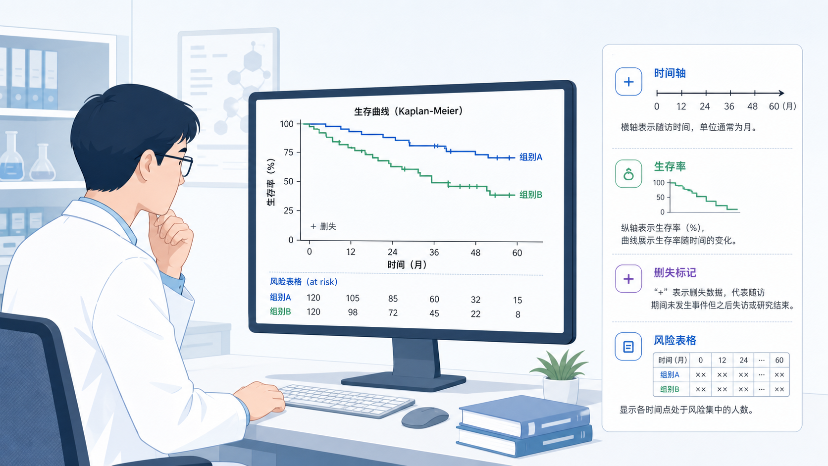 科研人员在电脑前查看生存曲线图,旁边有时间轴、生存率、删失标记和风险表格的示意图。
