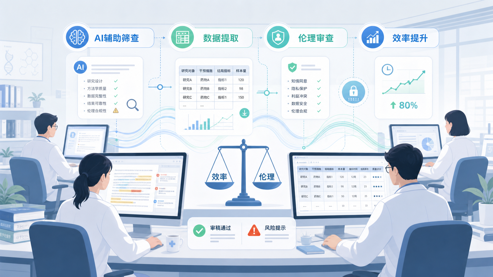 编辑部工作场景，叠加AI辅助筛查稿件、提取数据表格的示意图，突出“效率”与“伦理”并存