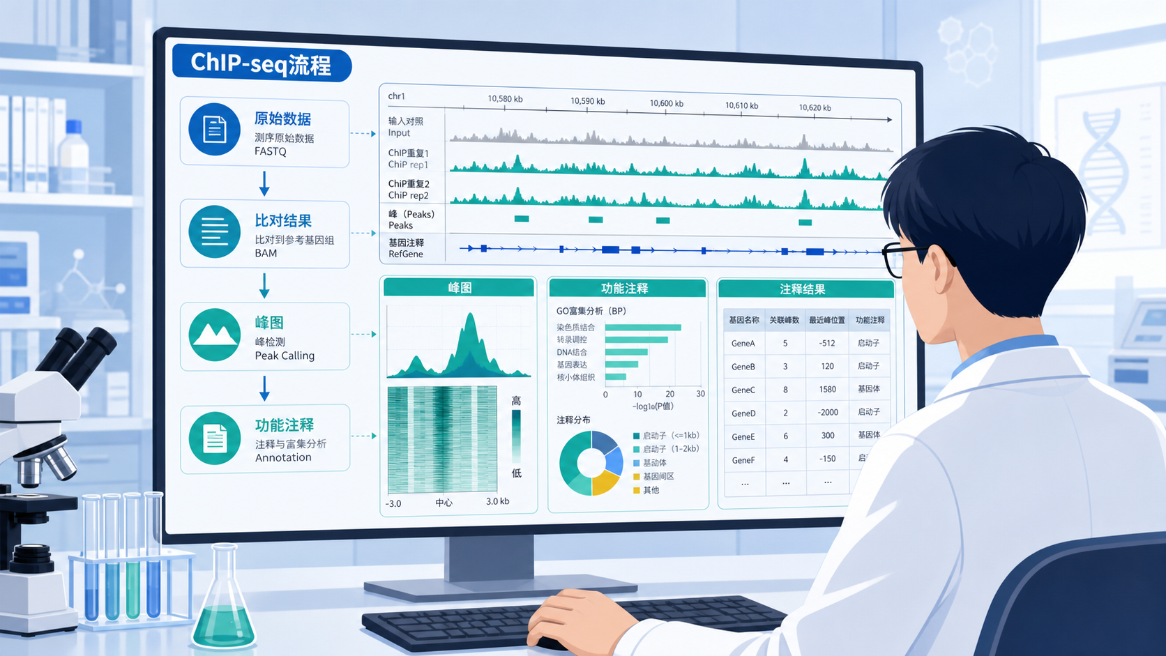 科研人员在电脑前查看ChIP-seq分析流程图，旁边展示原始数据、峰图和功能注释结果的整合界面