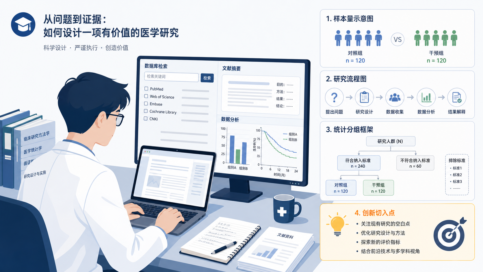 一位医学生或科研人员在电脑前查看数据库和文献,旁边有样本量示意图、研究流程图和高亮的“创新切入点”字样。