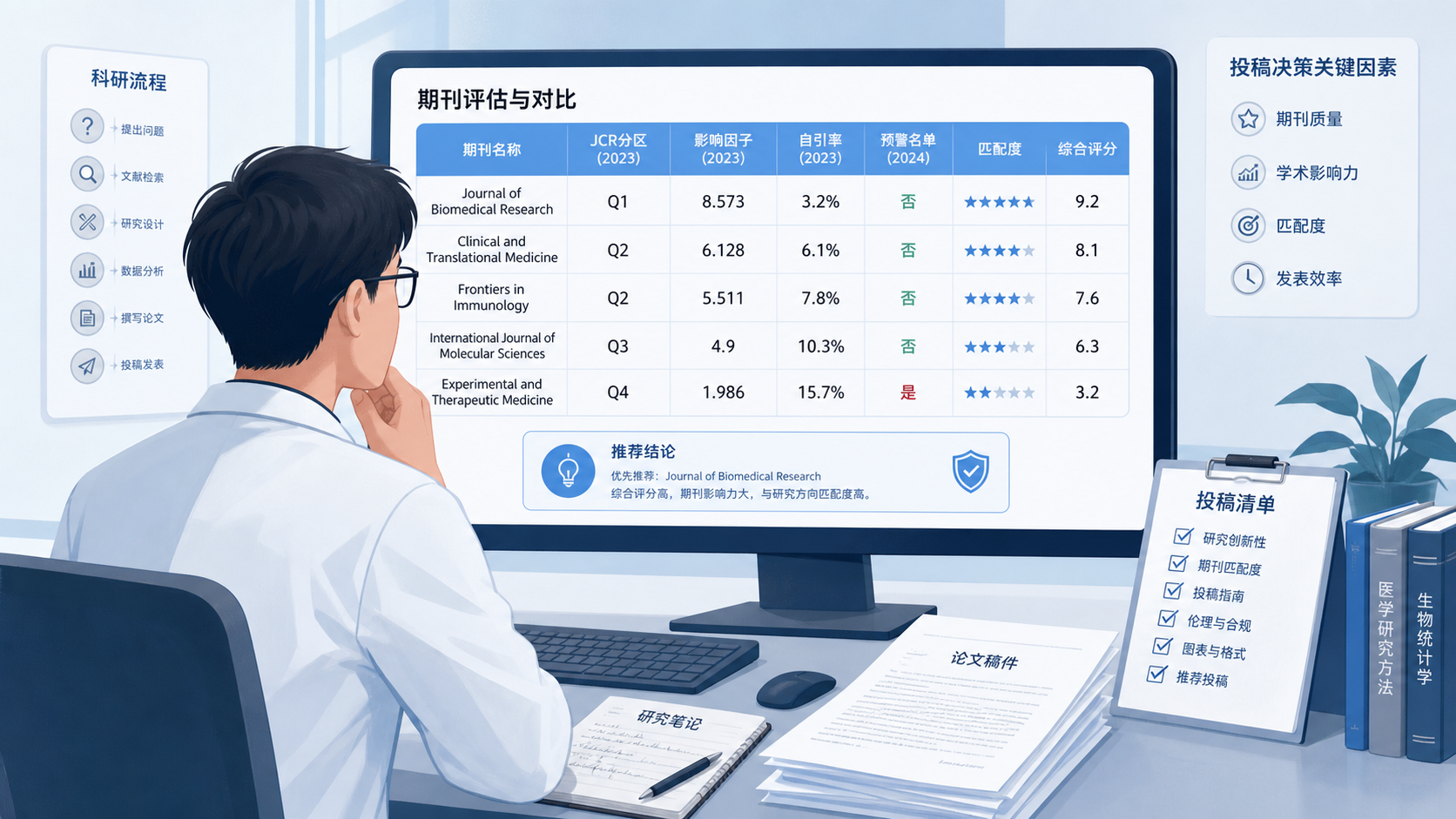 科研人员在电脑前对比JCR分区、影响因子、自引率和预警名单的界面截图，旁边放有论文和投稿清单