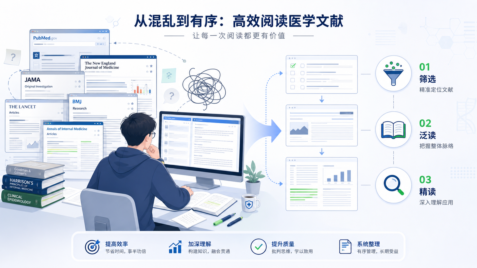 一位医学生在电脑前同时打开多篇文献,旁边有“筛选、泛读、精读”三个步骤示意图,体现从混乱阅读到结构化阅读的转变