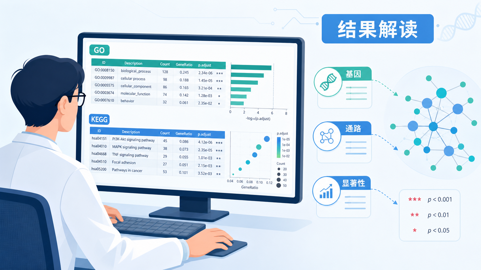 科研人员在电脑前查看GO和KEGG富集结果表，旁边展示基因、通路和统计显著性示意图，突出“结果解读”和“平行验证”主题