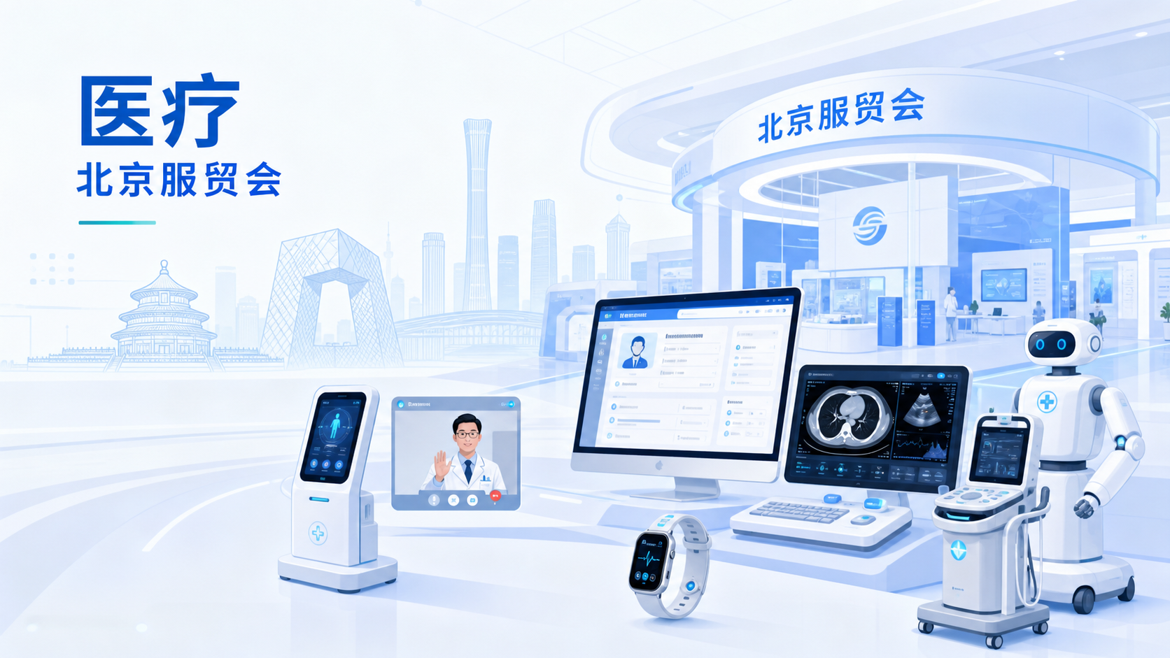 2026年9月13日资讯,在 2026 年中国国际服务贸易交易会(服贸会)上,北京集中展示了医疗机器人、医疗 AI 两大前沿赛道的创新转化成果。9 月 13 日举办的北京市医管中心第八届科技创新大赛决赛聚焦医疗机器人、医疗 AI 赛道;北京市卫健委披露,截至今年 6 月北京市属医院手术机器人保有量已达 54 台,上半年服务约 9000 人次。同期,"人工智能+医疗健康"论坛还发布了全国首个亿元生物医药制造支持计划、全球首款一体化 AI 移动医疗车等重磅成果。