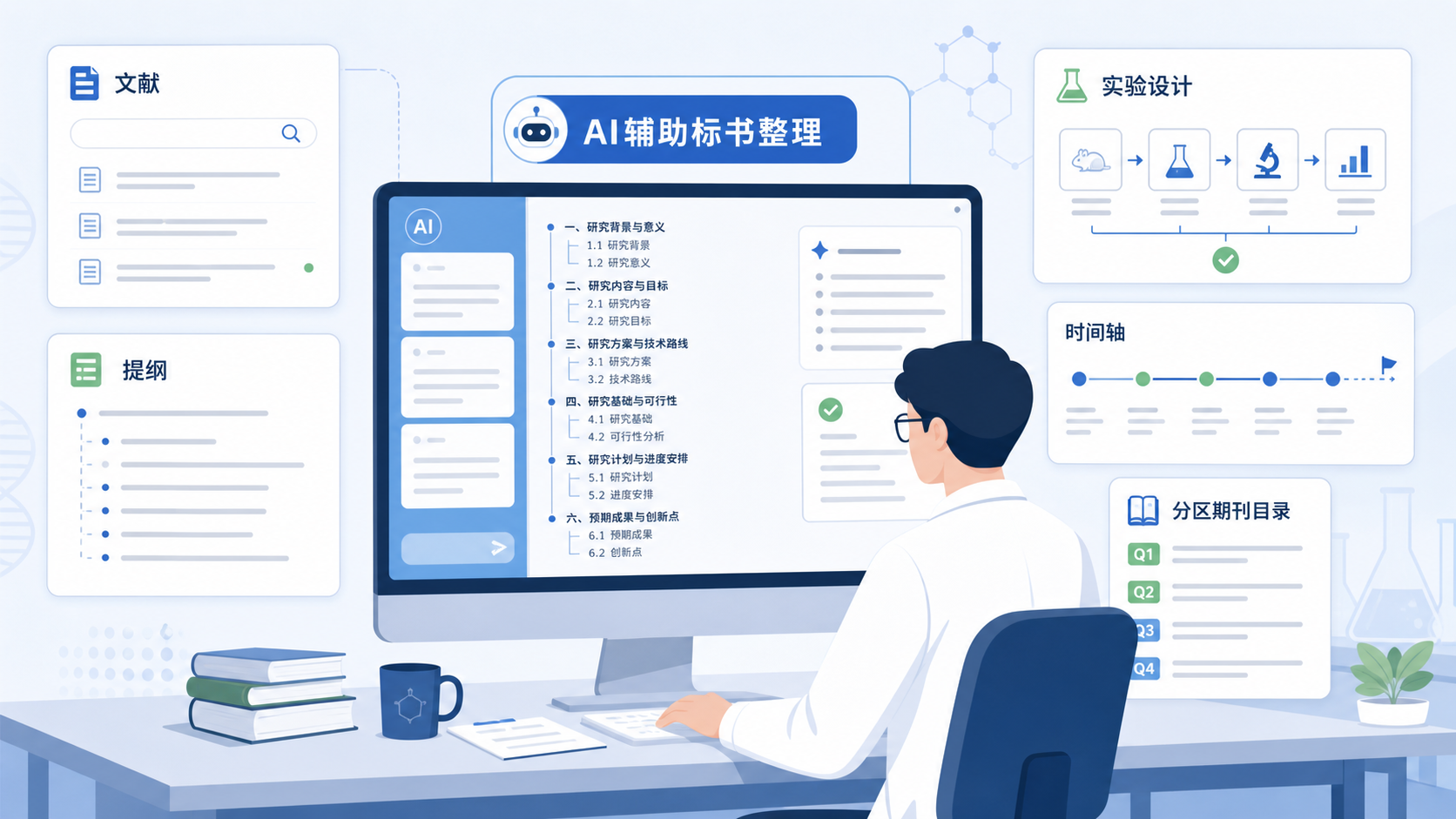 科研人员在电脑前使用AI工具整理标书框架，旁边展示文献、提纲、实验设计和分区期刊目录的工作场景
