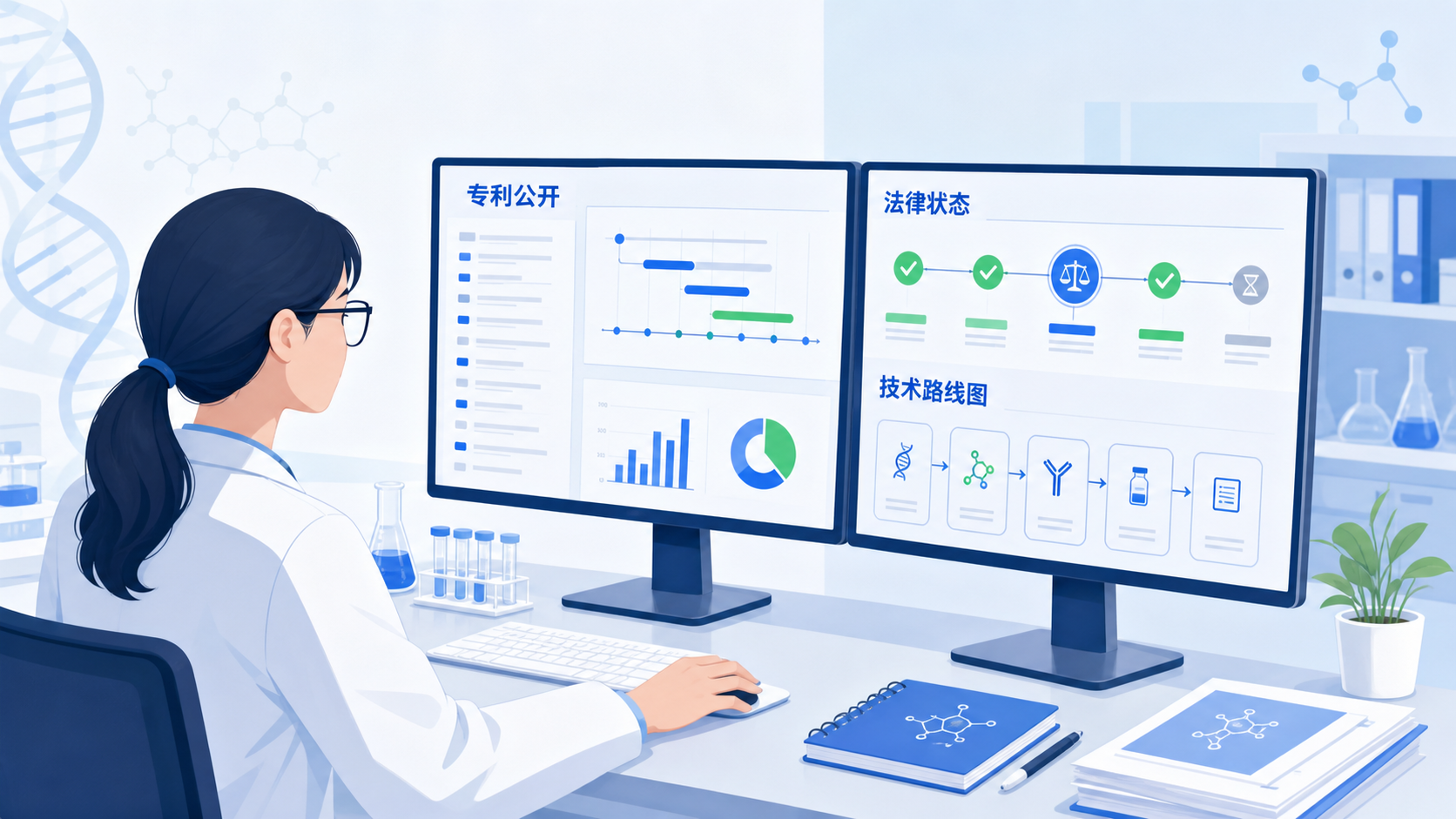 医学科研人员在电脑前检索专利数据库,屏幕上显示专利公开、法律状态和技术路线图,体现专利监控场景