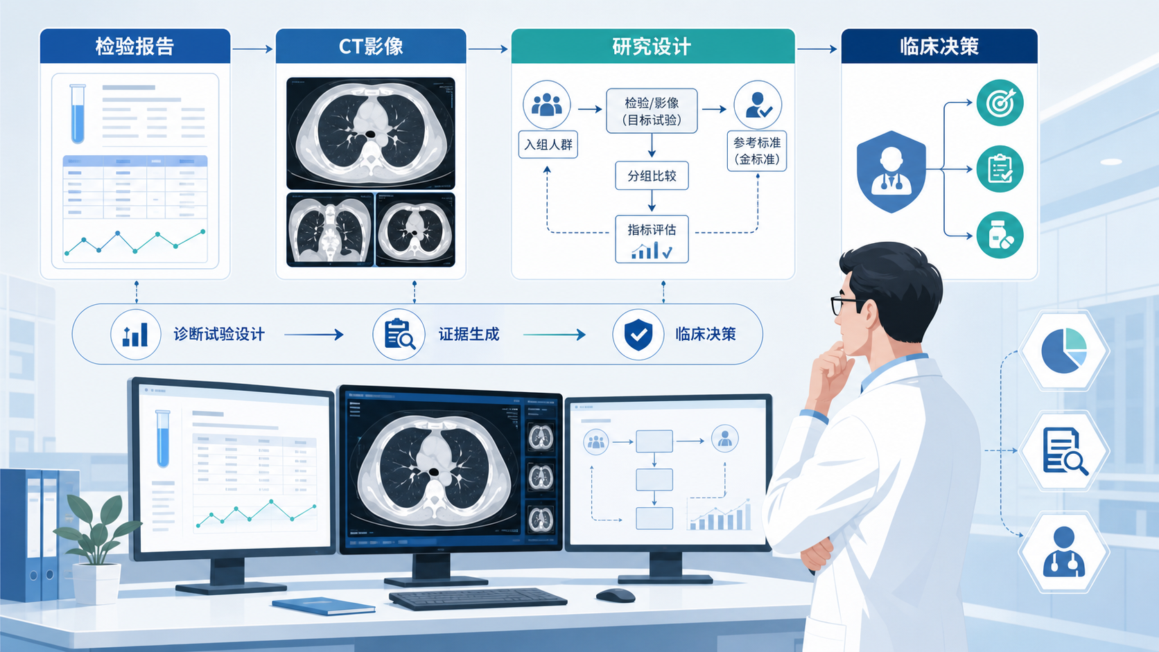 临床医生在阅片室查看检验报告、CT影像和研究设计流程图,突出诊断试验设计与临床决策的关系