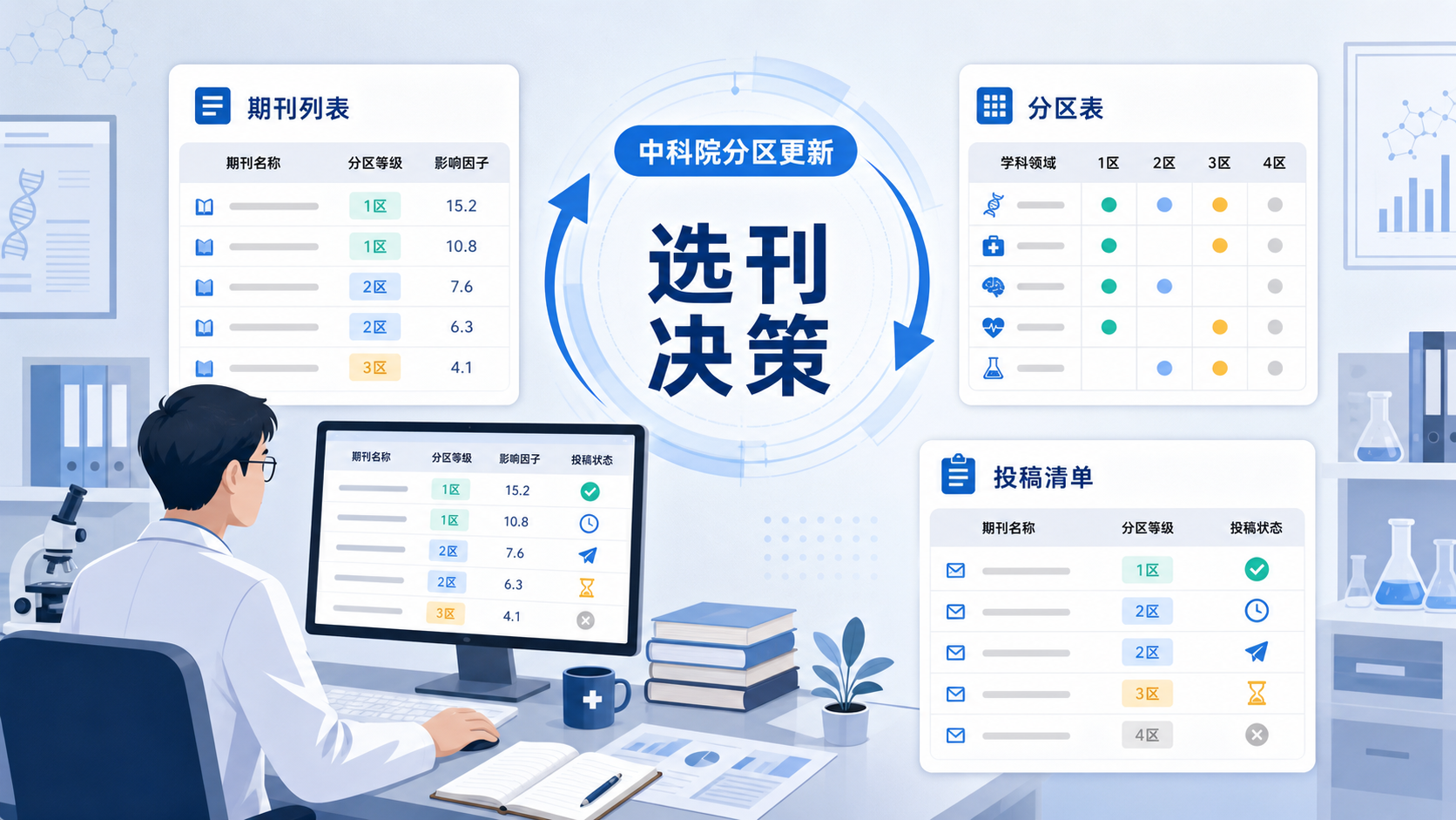 一位研究人员在电脑前对照期刊列表、分区表和投稿清单，画面突出“选刊决策”与“中科院分区更新”主题