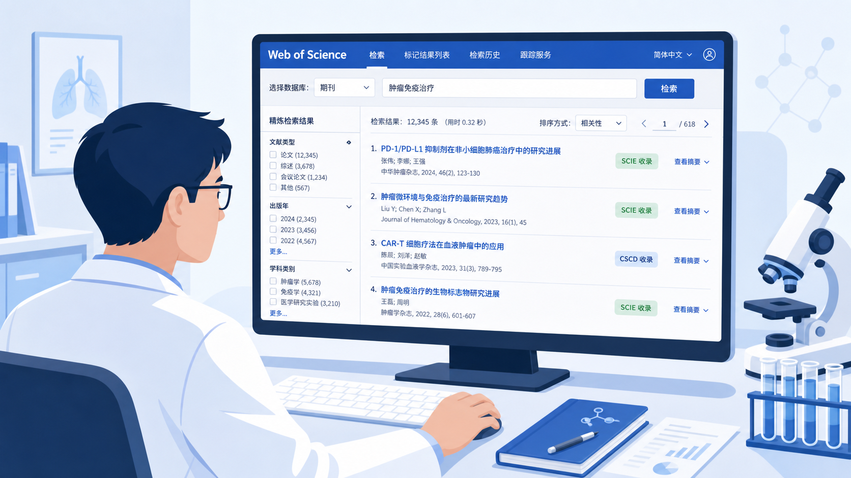 科研人员在电脑前使用 Web of Science 和期刊数据库进行检索，屏幕上显示期刊名称、收录状态和检索结果界面