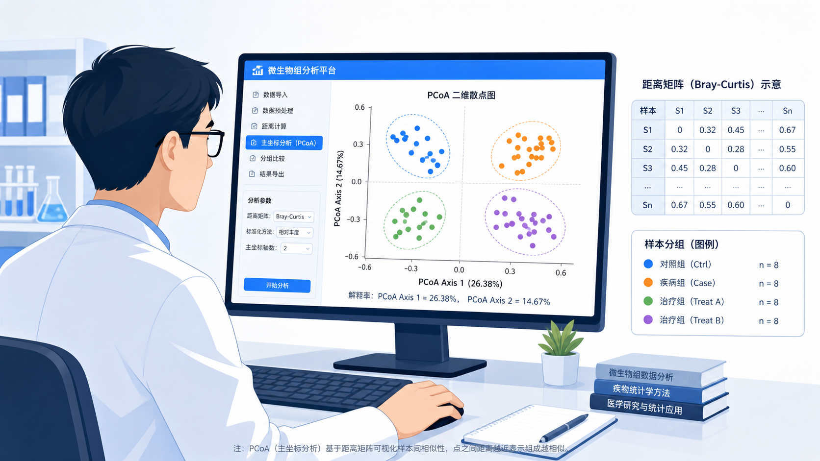 科研人员在电脑前查看PCoA二维散点图,旁边标注样本分组、解释率和距离矩阵的示意图,整体风格专业、简洁。