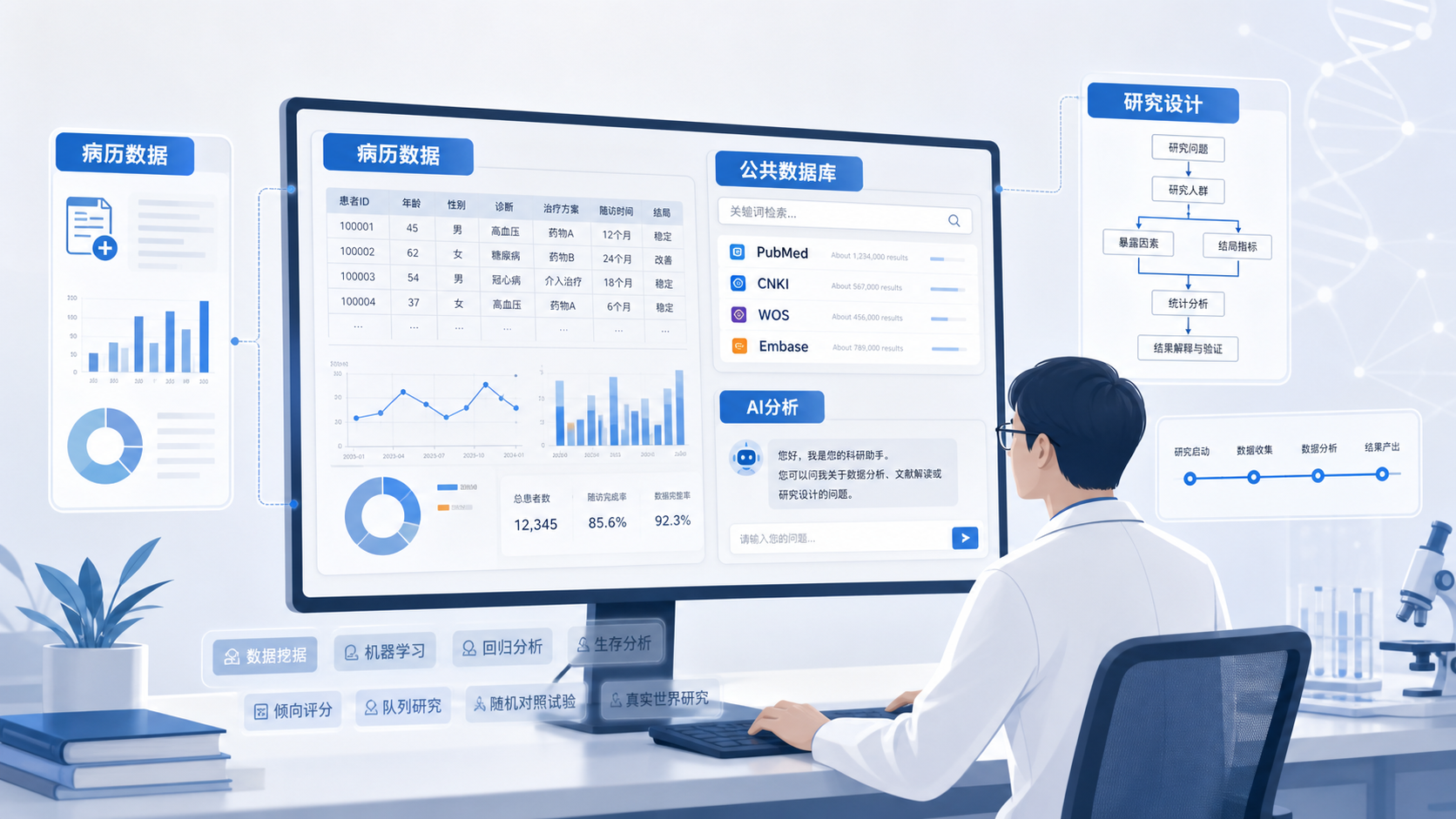 一位临床研究者在电脑前查看病历数据、公共数据库和AI对话界面，画面突出“数据挖掘”和“研究设计”