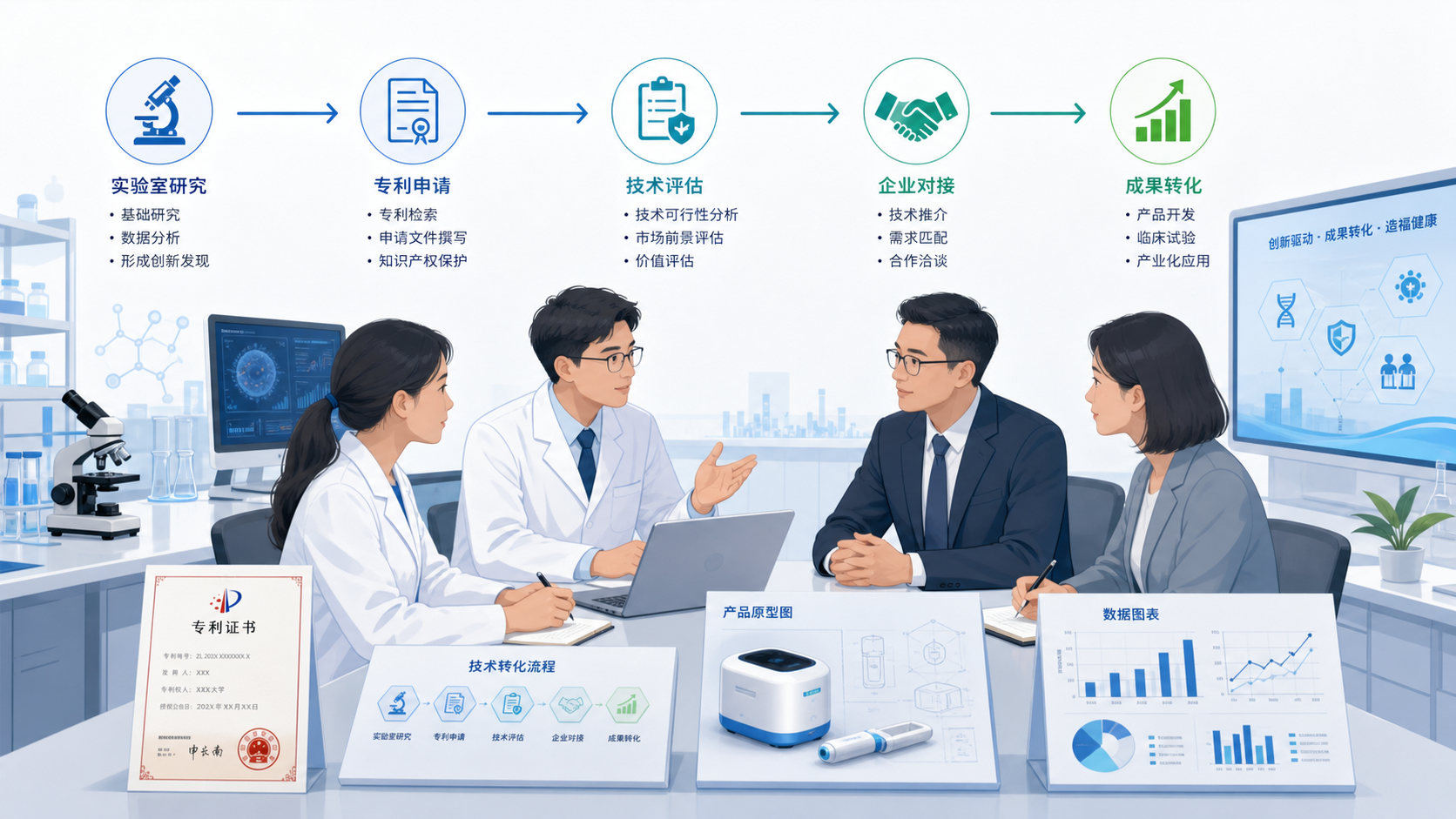 高校实验室、专利文件、医生与企业沟通技术转化的场景图，突出科研成果落地的流程感
