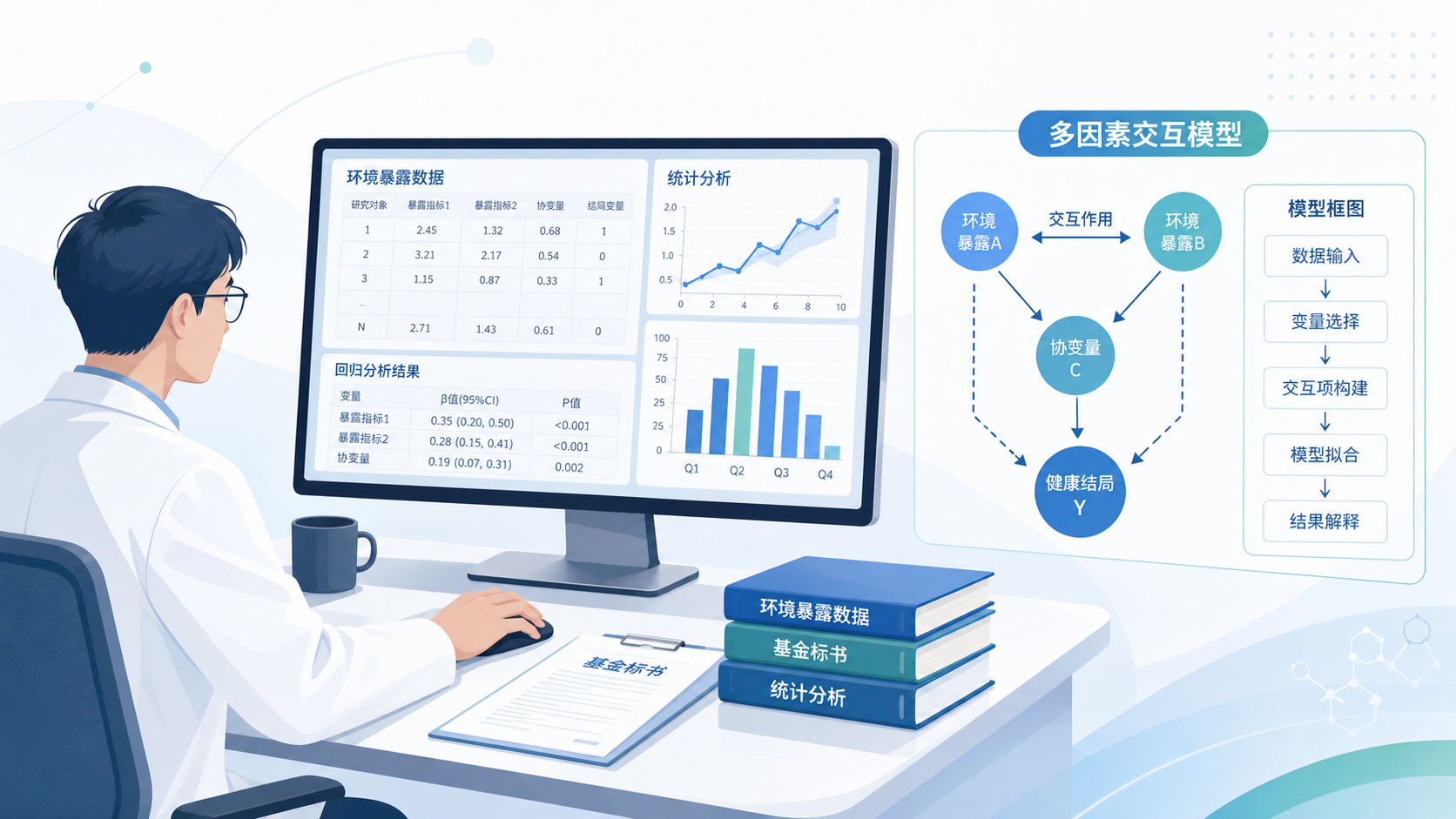 医学科研人员在电脑前整理环境暴露数据、基金标书和统计分析图表，旁边显示多因素交互模型示意图