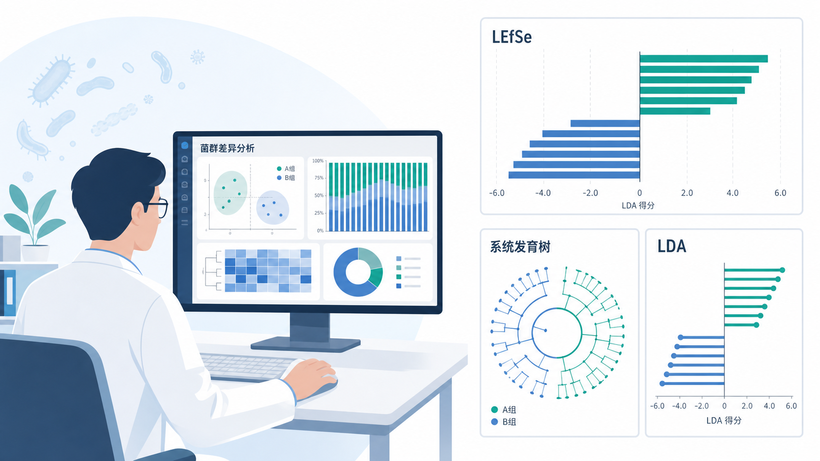 科研人员在电脑前查看菌群差异分析结果,旁边展示LEfSe柱状图、系统发育树和LDA评分图的组合示意图
