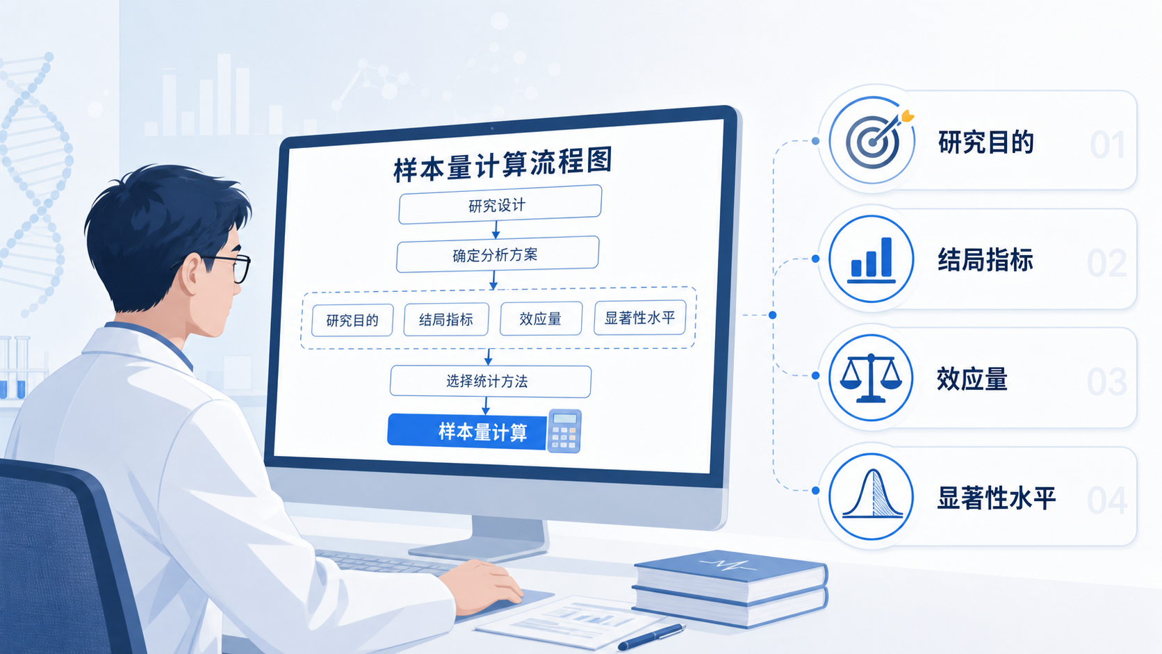 临床研究人员在电脑前查看样本量计算流程图，旁边展示研究目的、结局指标、效应量、显著性水平四要素
