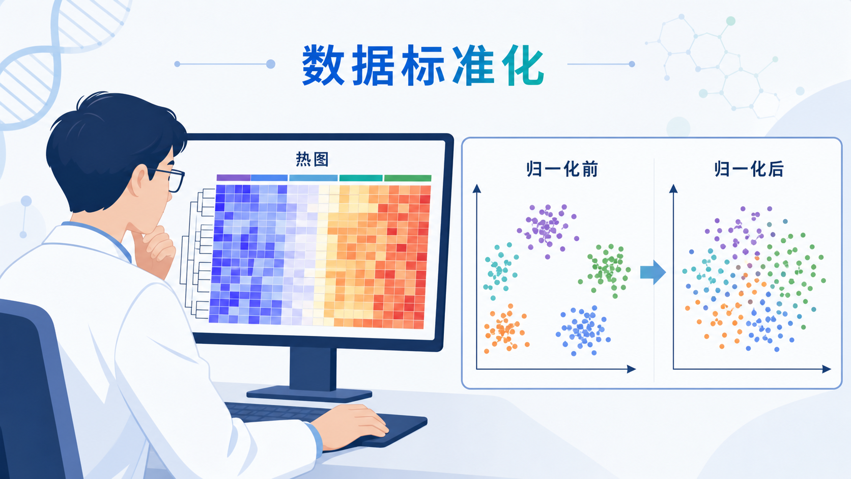 科研人员在电脑前查看基因表达矩阵热图,旁边展示归一化前后样本分布对比图,突出数据标准化的重要性