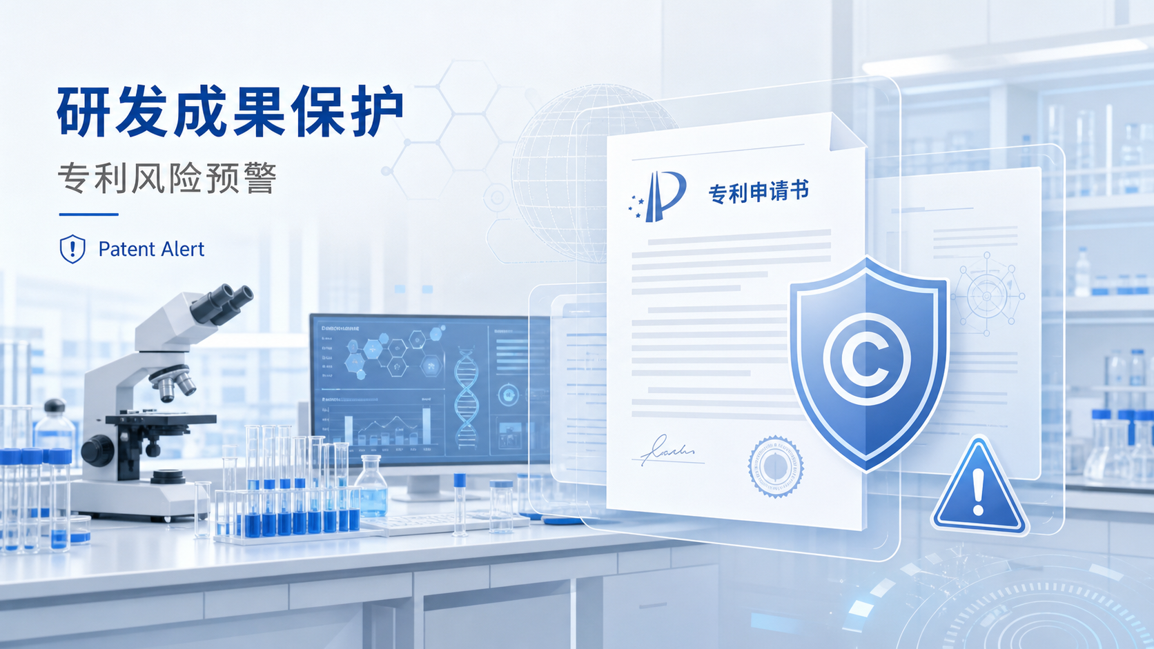 实验室研发场景与专利文件叠加的概念图，突出“研发成果保护”和“专利风险预警”主题