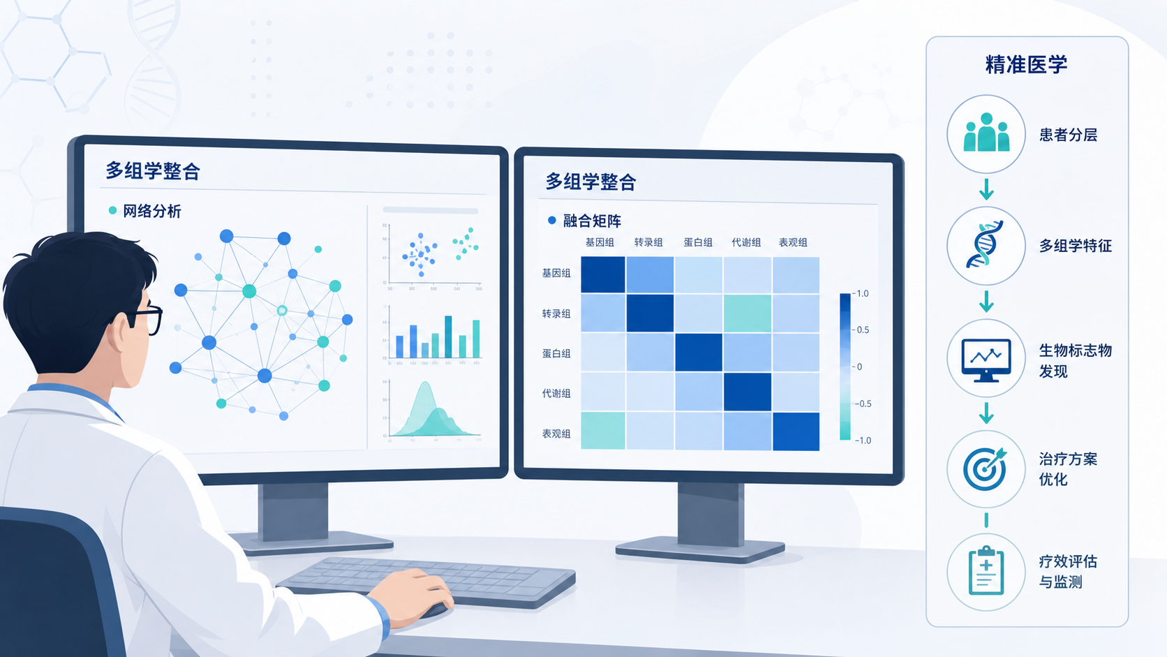 科研人员在电脑前整合多组学数据,屏幕上显示网络图、融合矩阵和精准医学分析流程图,整体风格专业、科技感强
