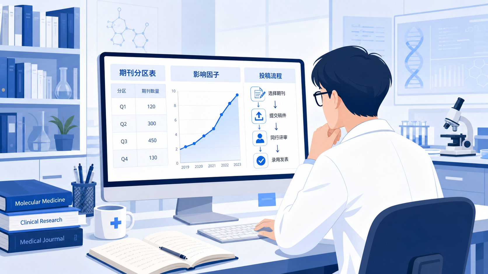 科研人员在电脑前查看期刊分区表、影响因子曲线和论文投稿流程示意图，背景为医学实验室或图书馆场景