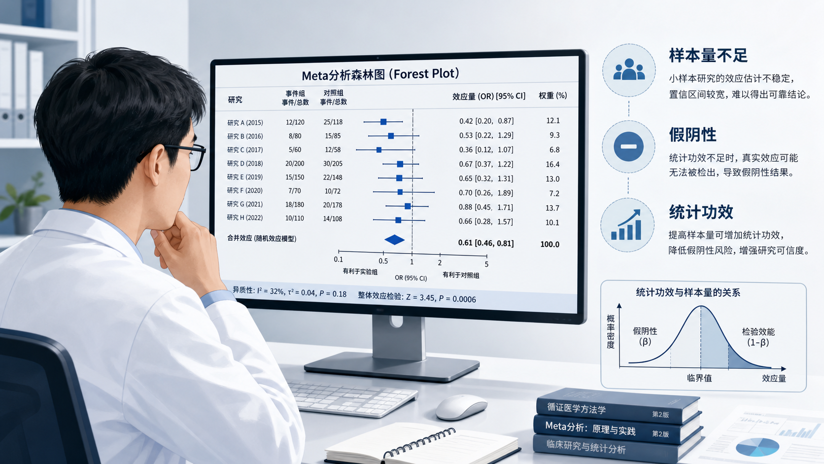 研究者在电脑前查看Meta分析森林图，旁边叠加“样本量不足、假阴性、统计功效”关键词的医学科研场景图