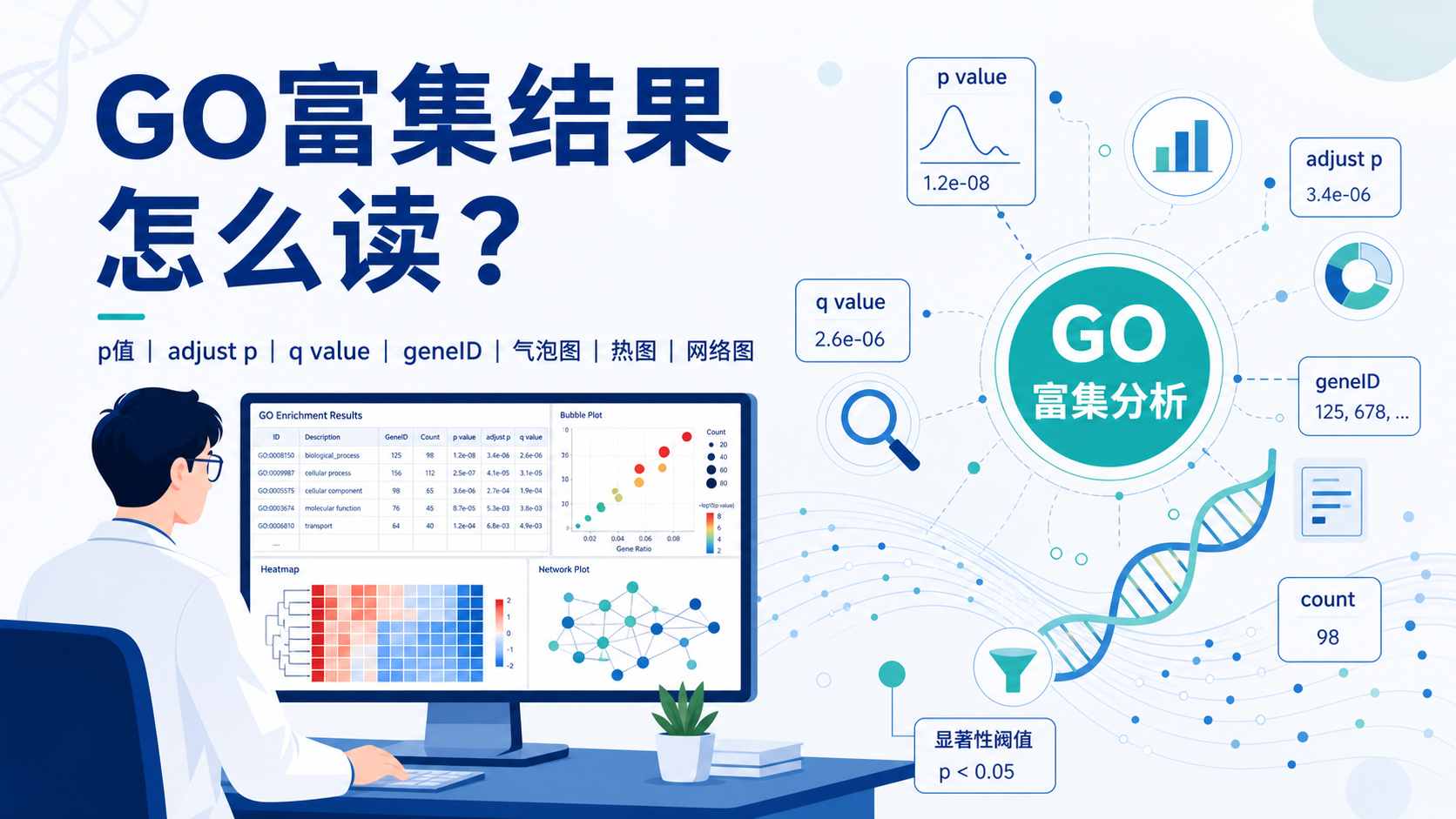 GO富集结果解读:adjust p、q value与基因清单实操