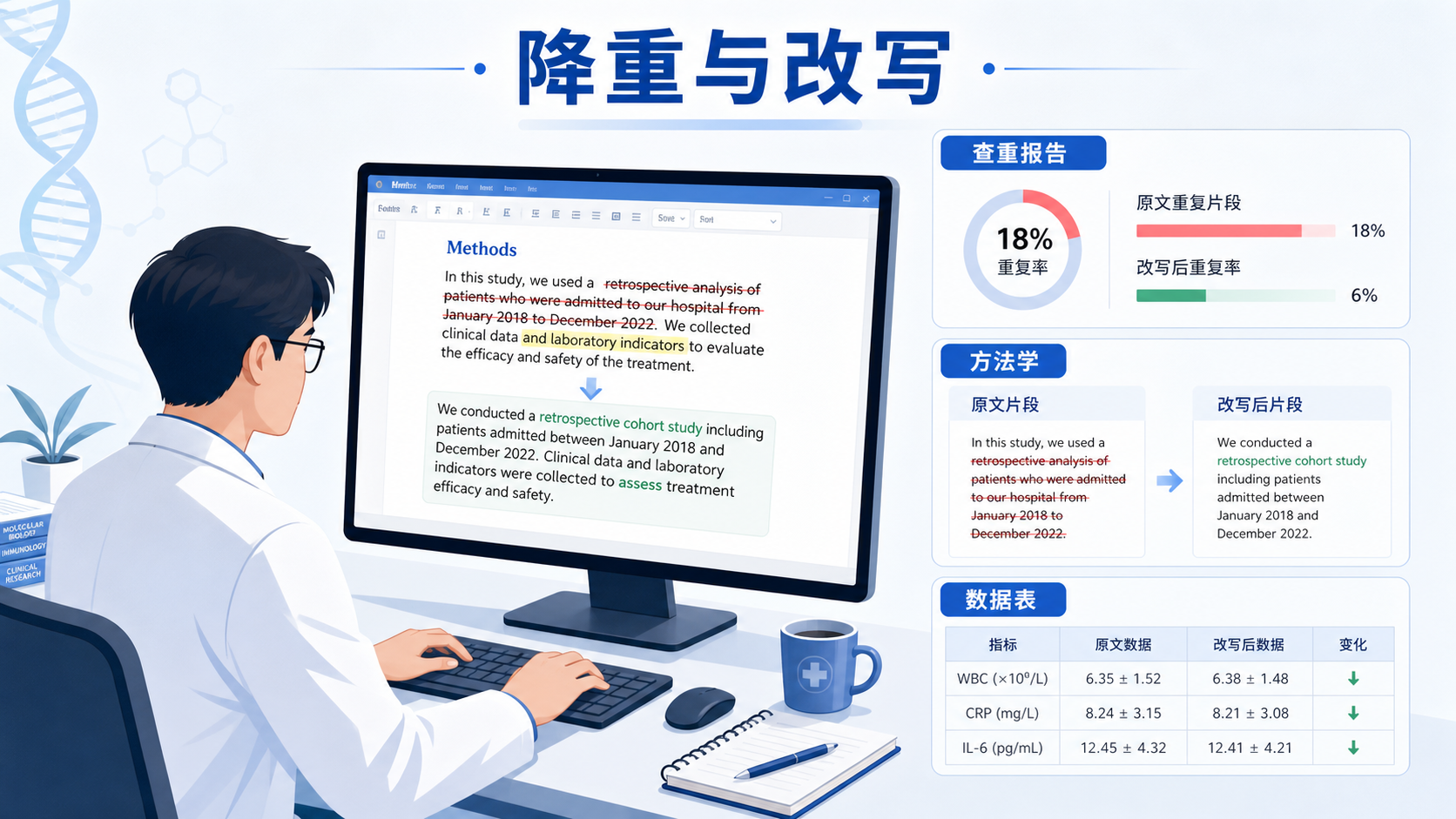 科研人员在电脑前修改论文，旁边显示查重报告、方法学段落和数据表格，突出“降重与改写”主题