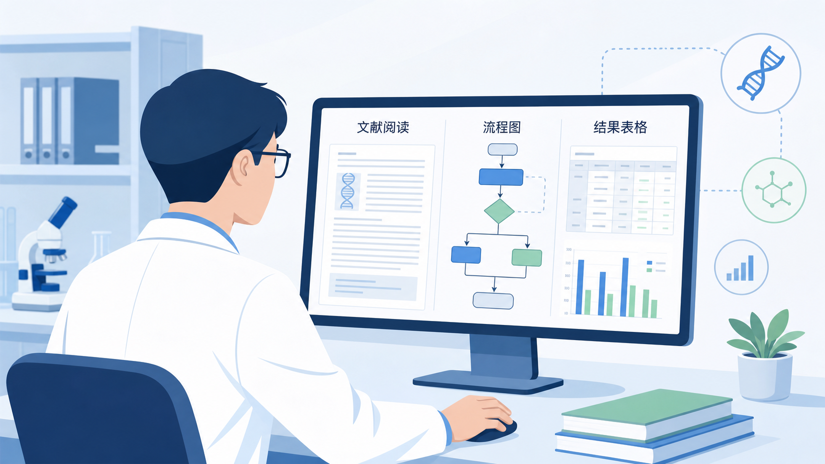 科研人员在电脑前处理碱基识别相关文献,屏幕上同时显示文献阅读、流程图和结果表格,体现自动化科研工作流。