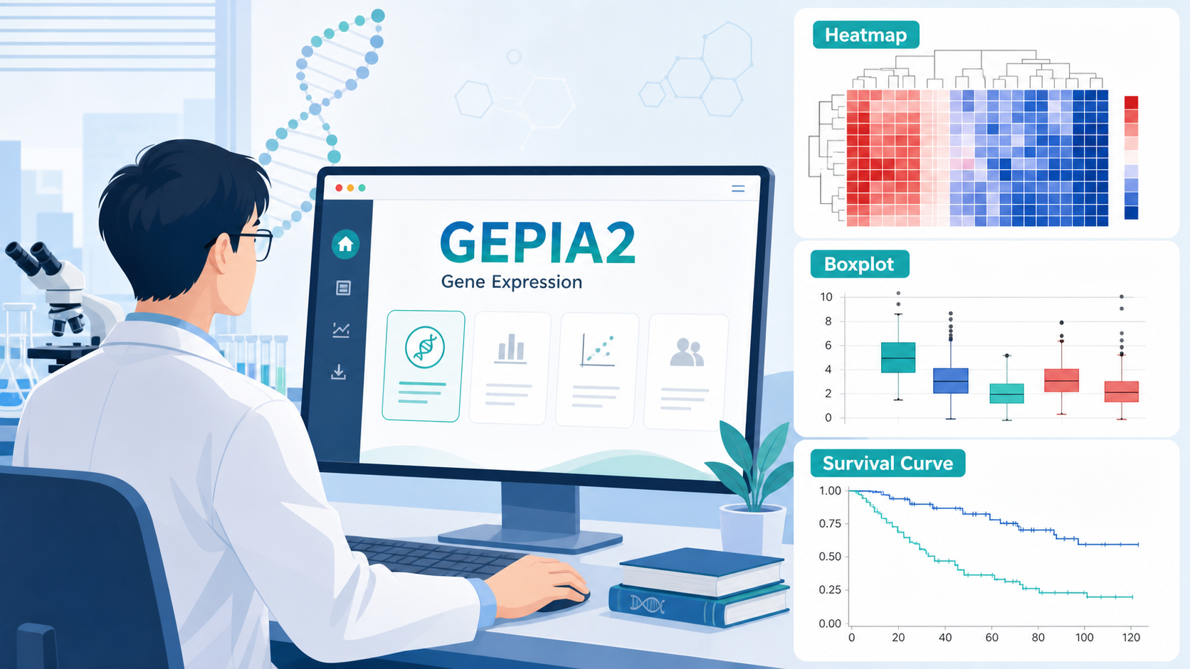 科研人员在电脑前打开GEPIA2网页，旁边展示肿瘤基因表达热图、箱线图和生存曲线的拼接示意图