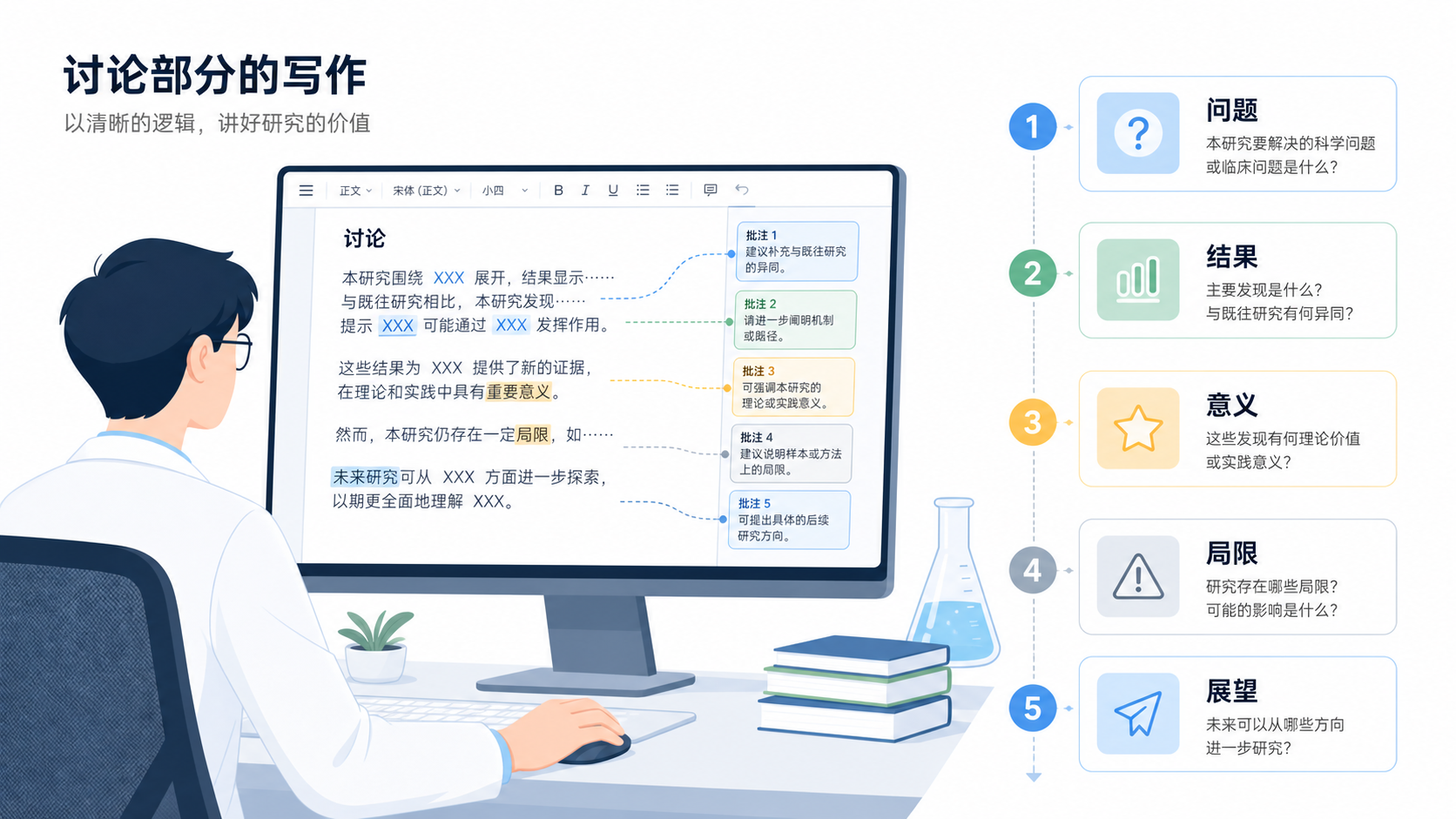 一位科研人员在电脑前修改论文讨论部分,旁边有“问题-结果-意义-局限-展望”五步框架示意图
