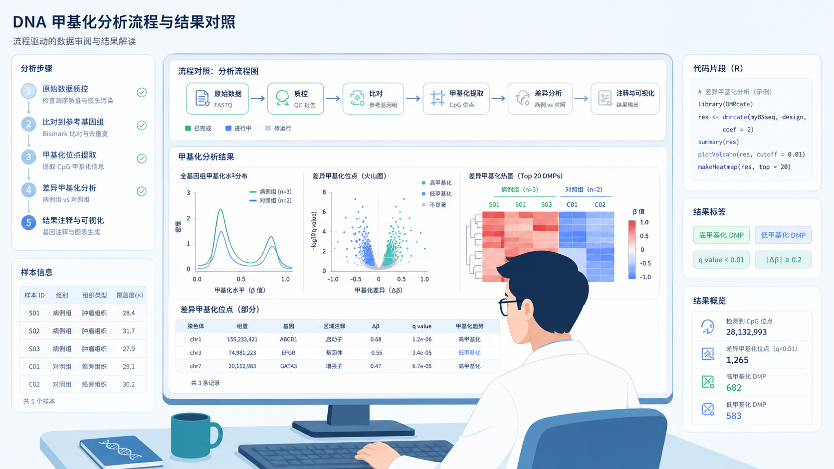 科研人员在电脑前对照流程图和甲基化分析结果，旁边显示代码、样本ID和分析步骤面板