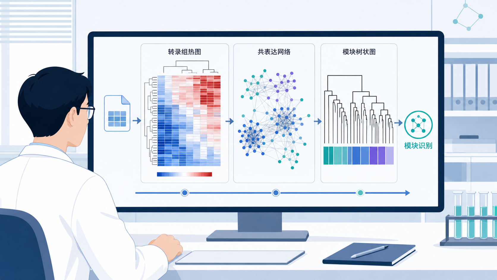 科研人员在电脑前查看转录组热图、共表达网络图和模块树状图的组合示意图,突出数据分析流程与模块识别场景。