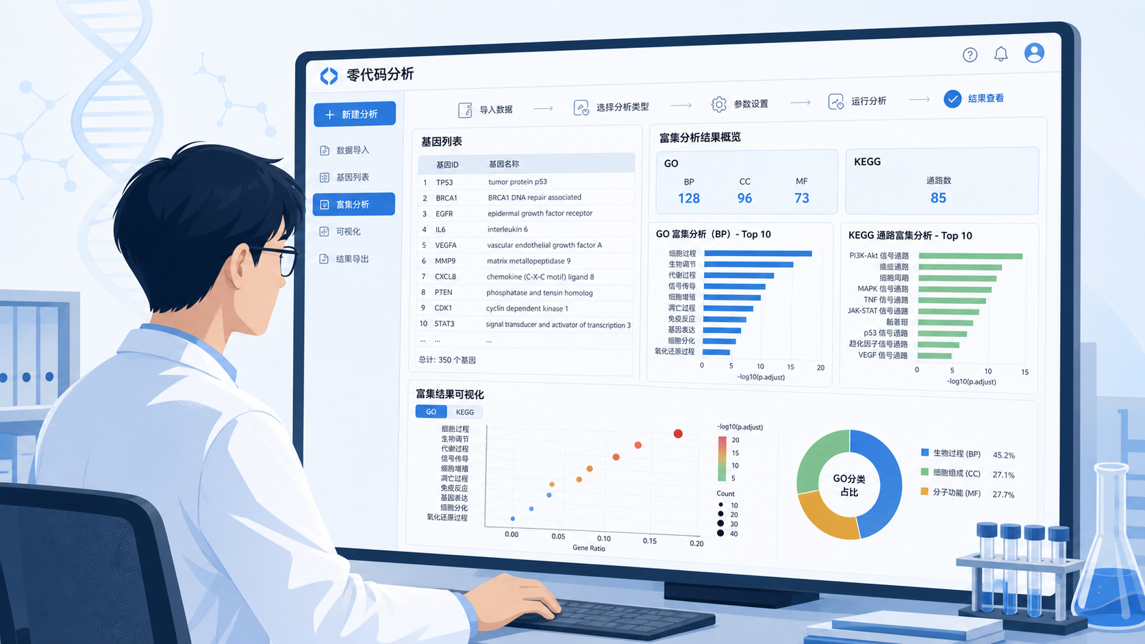 科研人员在电脑前同时查看基因列表、富集分析结果图和零代码分析界面，背景包含GO、KEGG、柱状图、气泡图等元素