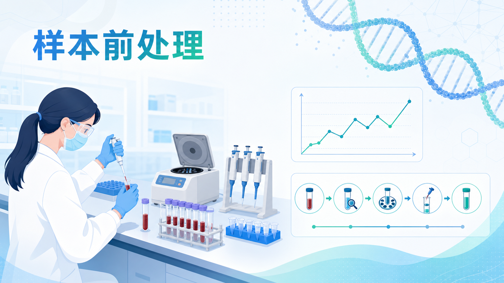 实验室场景中，科研人员在处理血液样本，旁边叠加DNA片段、质控曲线和工作流流程图，突出“样本前处理到数据分析”的研究链条
