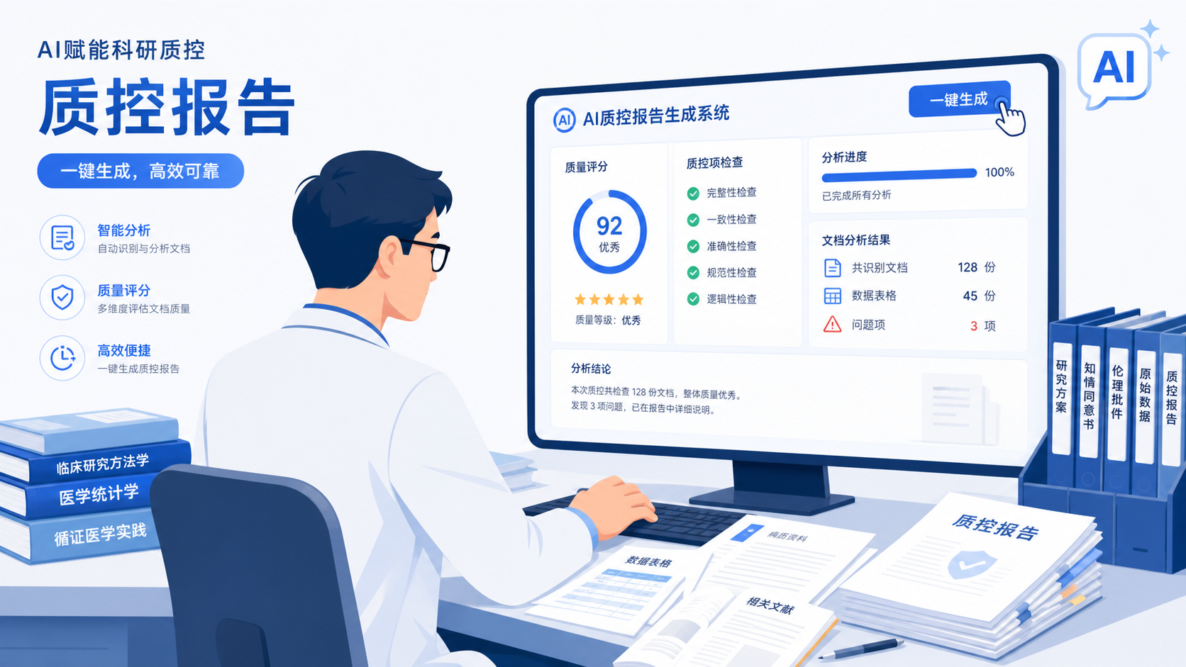一位医生在电脑前整理分散的病历、表格和文献,旁边显示AI生成质控报告的界面,突出“一键生成”和“标准化聚合”。