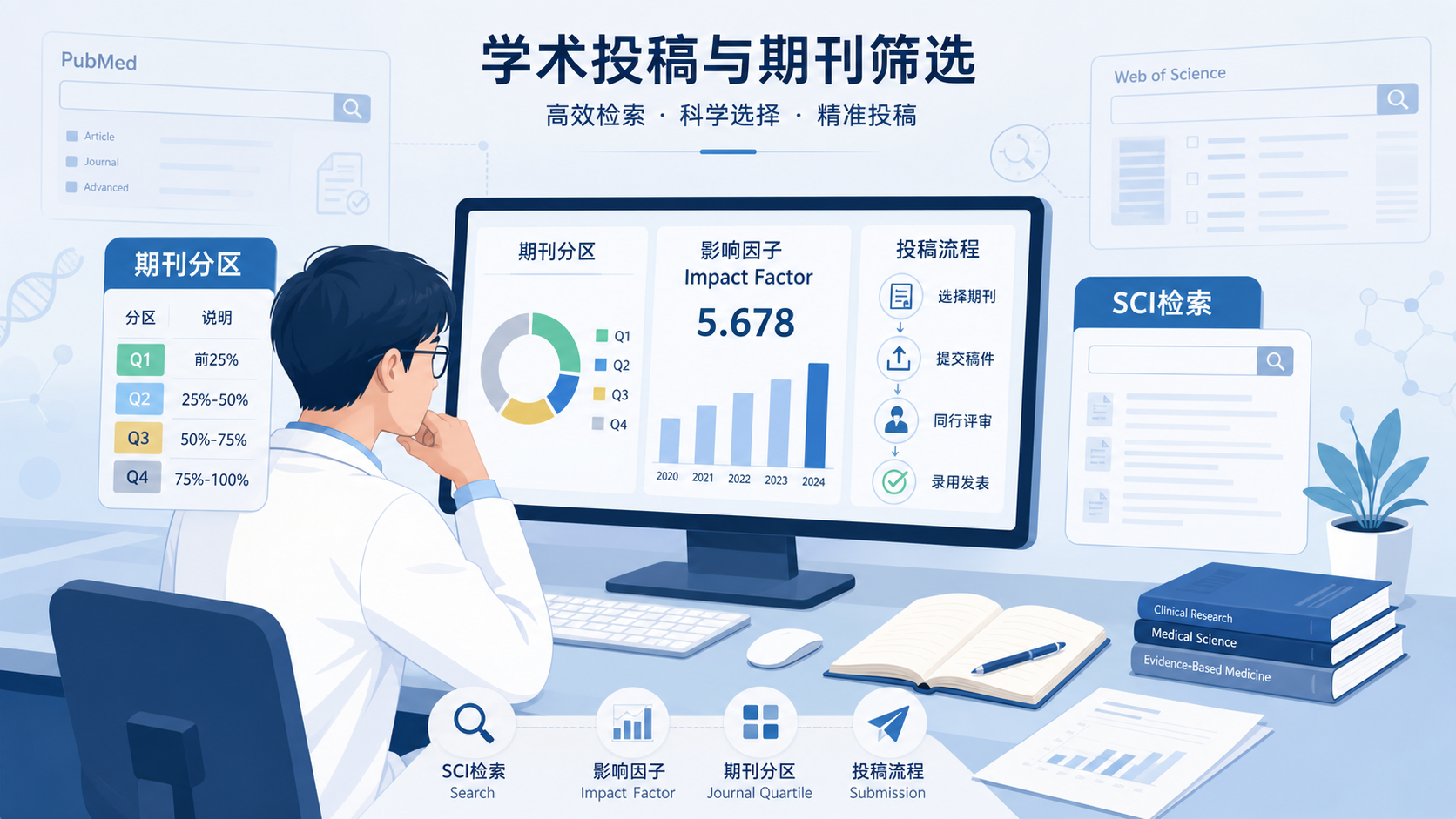 科研人员在电脑前查看期刊分区表、影响因子和投稿流程，背景带有SCI期刊检索界面