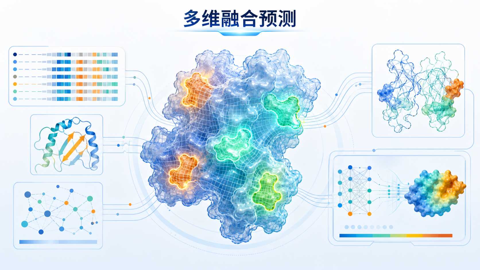 抗原蛋白三维结构表面上高亮显示表位区域,旁边叠加序列、结构和AI模型的分析元素,突出“多维融合预测”的概念